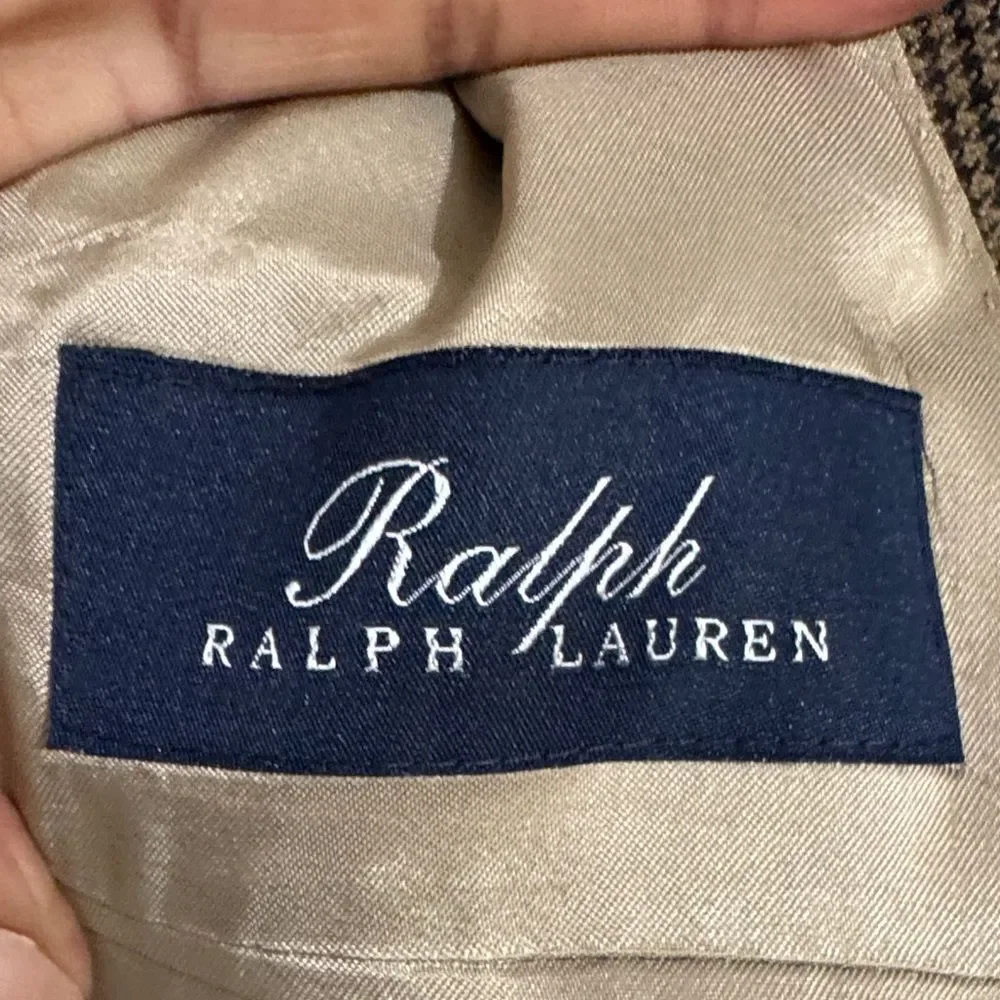 Ralph Lauren Silk Blend Brown Houndstooth Men's Blazer Elbow Patches size 42R